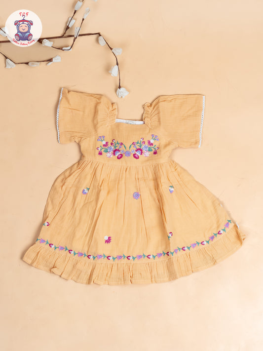 Orange - Girls Wrinkled Cotton Embroidered Frocks