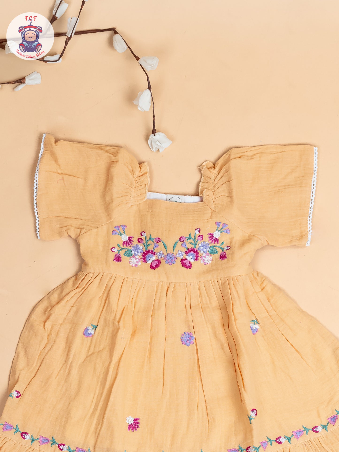 Orange - Girls Wrinkled Cotton Embroidered Frocks