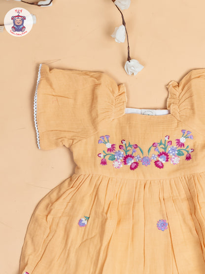 Orange - Girls Wrinkled Cotton Embroidered Frocks