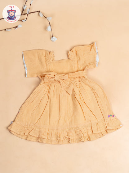 Orange - Girls Wrinkled Cotton Embroidered Frocks