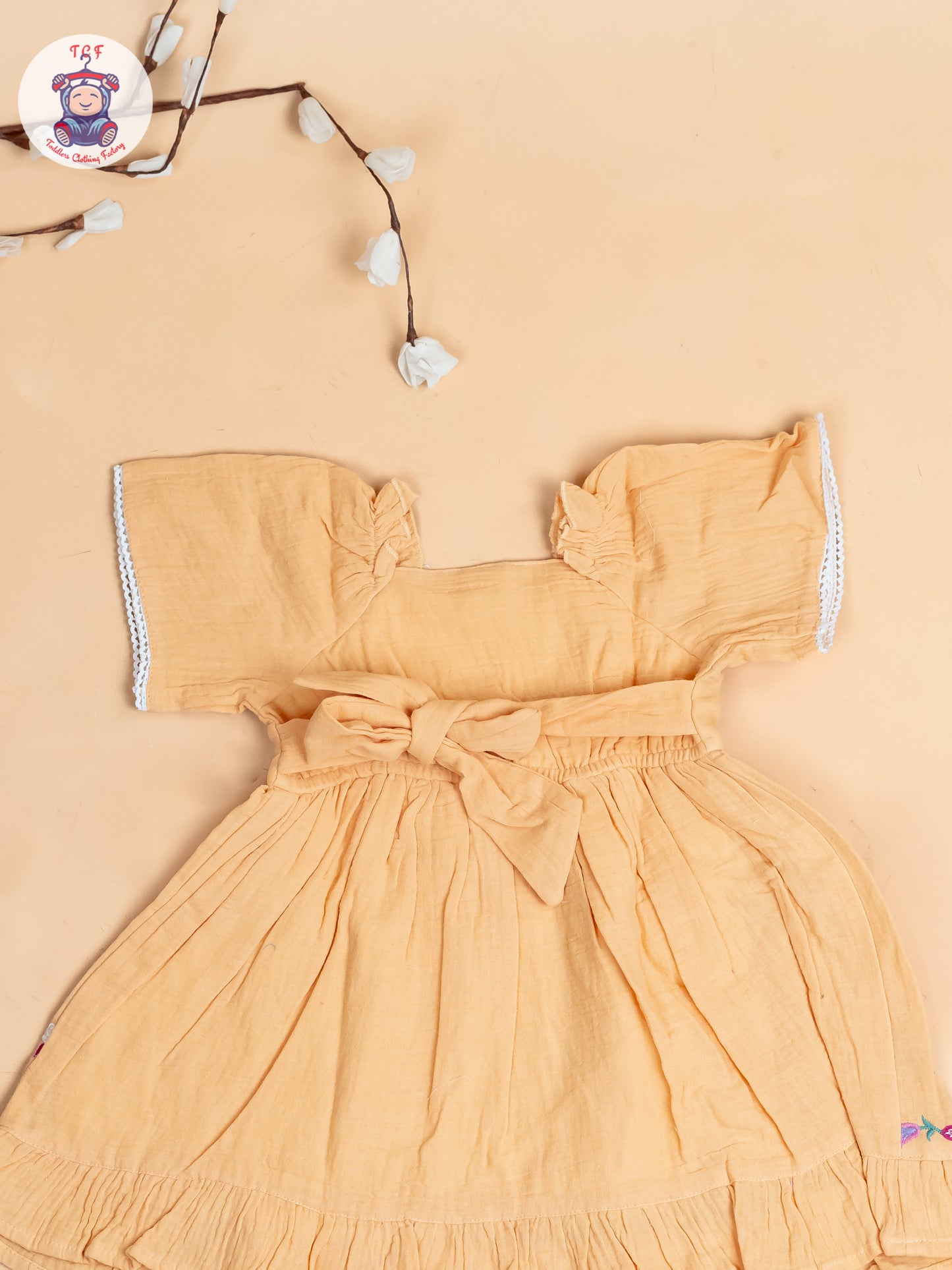 Orange - Girls Wrinkled Cotton Embroidered Frocks