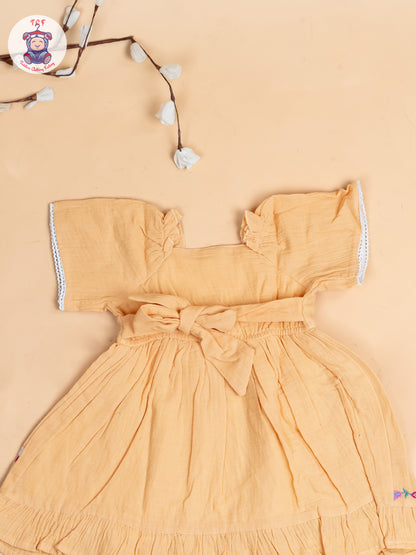 Orange - Girls Wrinkled Cotton Embroidered Frocks