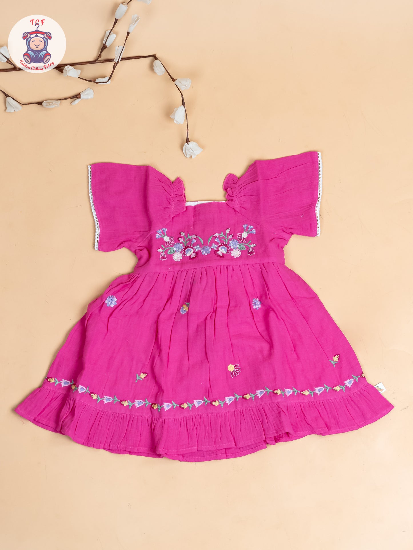 Pink - Girls Wrinkled Cotton Embroidered Frocks