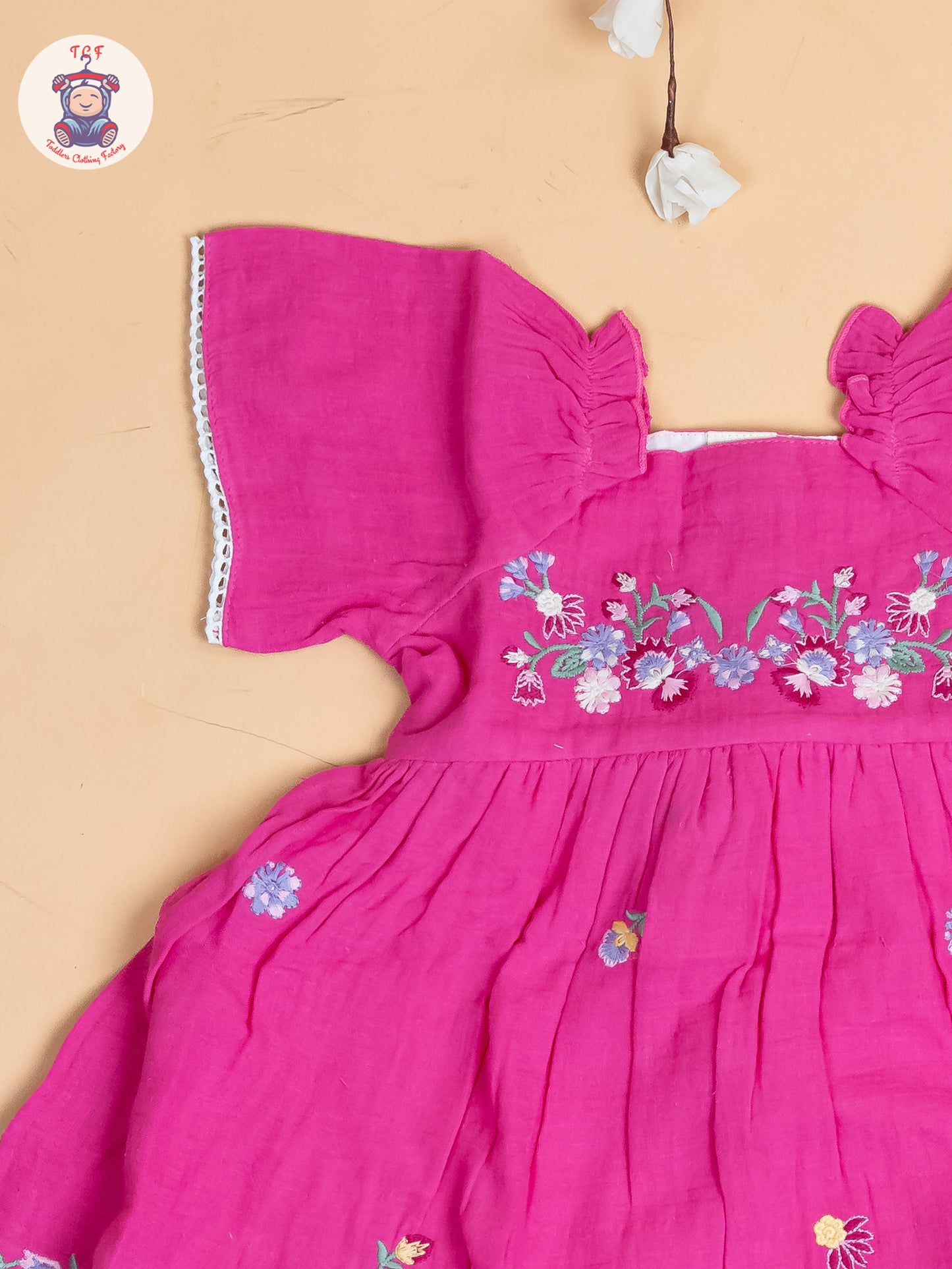 Pink - Girls Wrinkled Cotton Embroidered Frocks