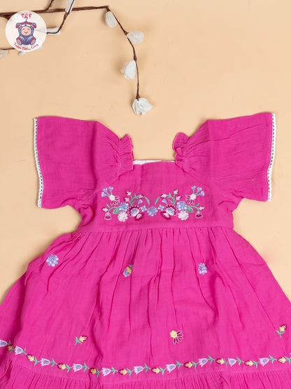 Pink - Girls Wrinkled Cotton Embroidered Frocks
