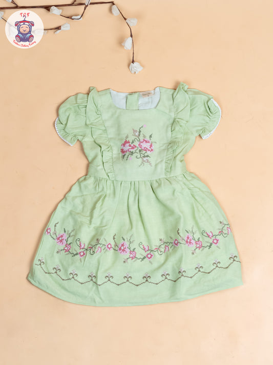 Pista Green - Girls Wrinkled Cotton Embroidered Frocks