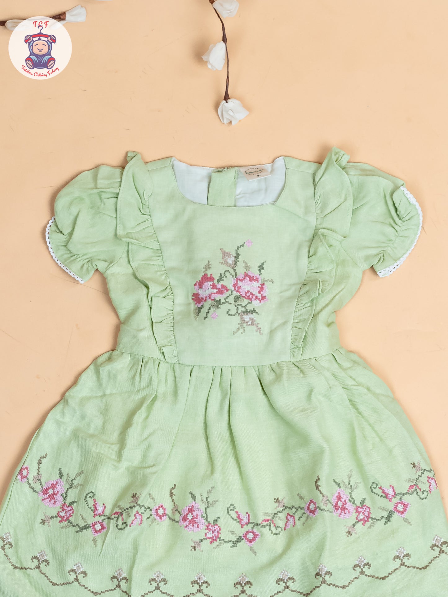 Pista Green - Girls Wrinkled Cotton Embroidered Frocks