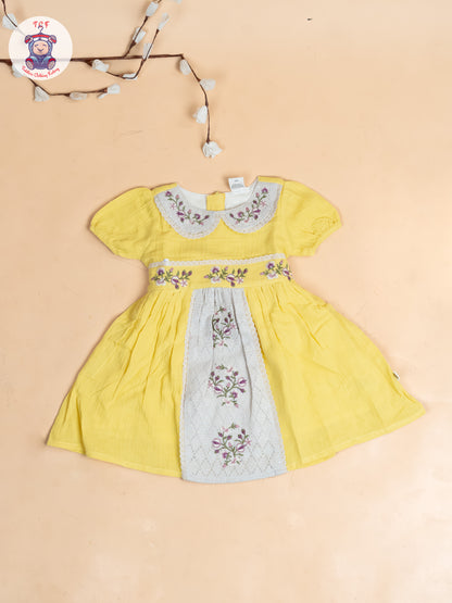Lemon Yellow - Girls Wrinkled Cotton Embroidered Frocks