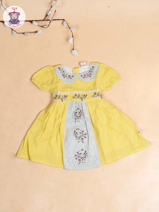 Lemon Yellow - Girls Wrinkled Cotton Embroidered Frocks