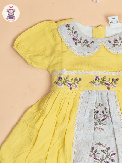 Lemon Yellow - Girls Wrinkled Cotton Embroidered Frocks