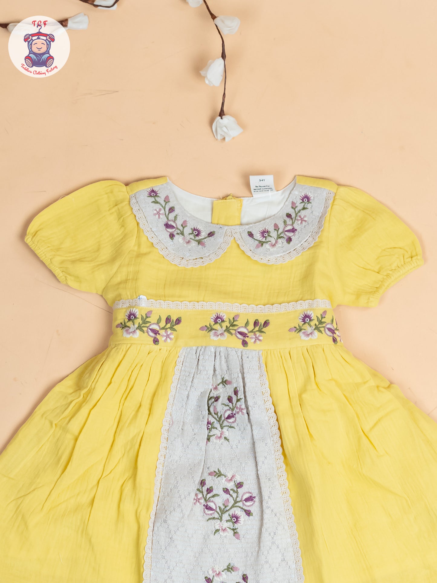 Lemon Yellow - Girls Wrinkled Cotton Embroidered Frocks