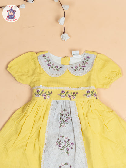 Lemon Yellow - Girls Wrinkled Cotton Embroidered Frocks