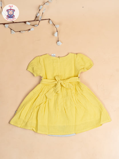 Lemon Yellow - Girls Wrinkled Cotton Embroidered Frocks