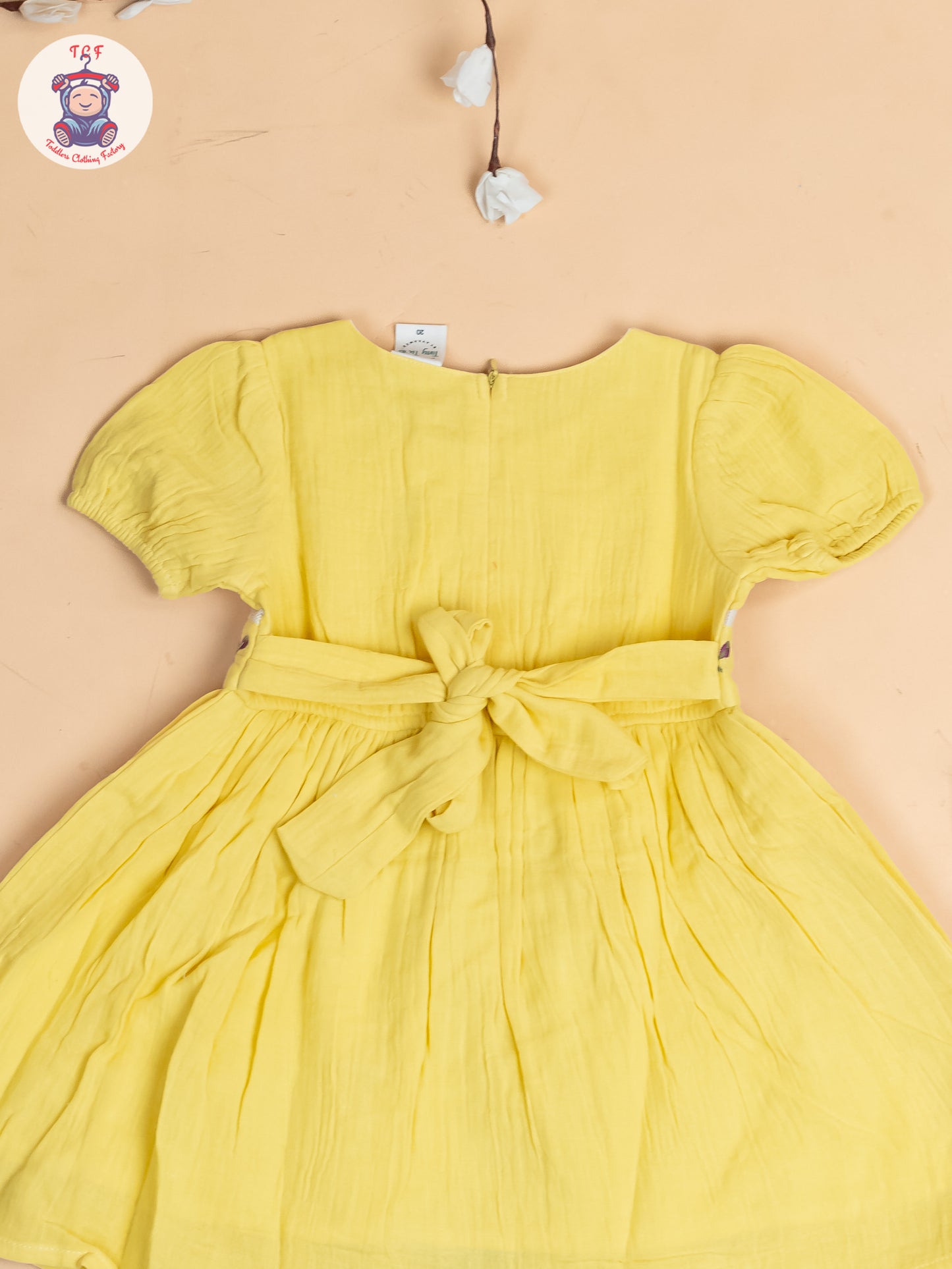 Lemon Yellow - Girls Wrinkled Cotton Embroidered Frocks