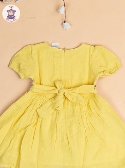 Lemon Yellow - Girls Wrinkled Cotton Embroidered Frocks