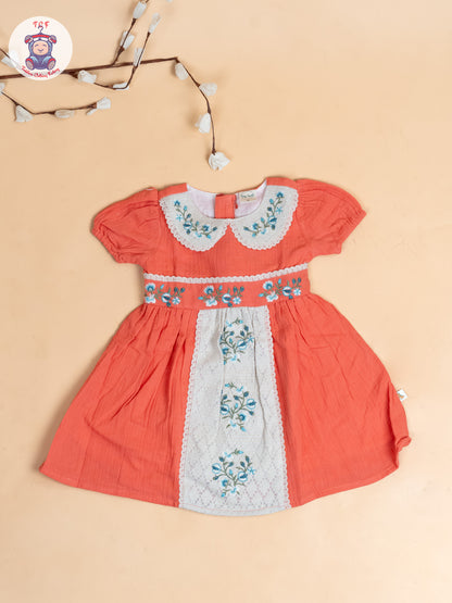 Rust - Girls Wrinkled Cotton Embroidered Frocks