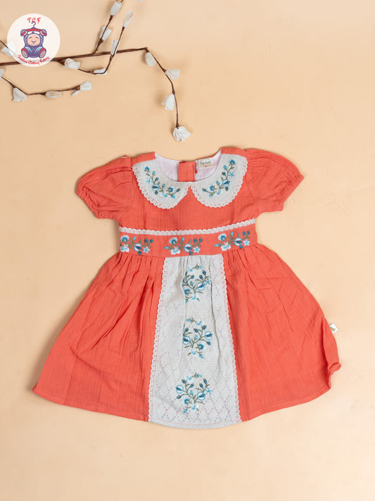 Rust - Girls Wrinkled Cotton Embroidered Frocks