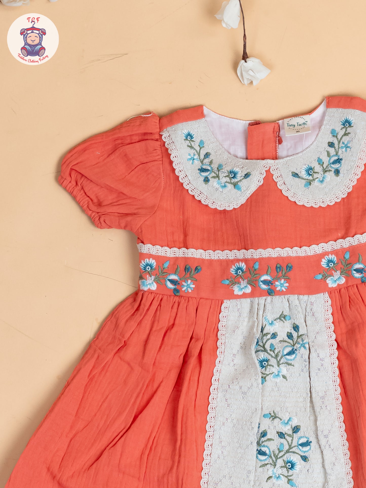 Rust - Girls Wrinkled Cotton Embroidered Frocks
