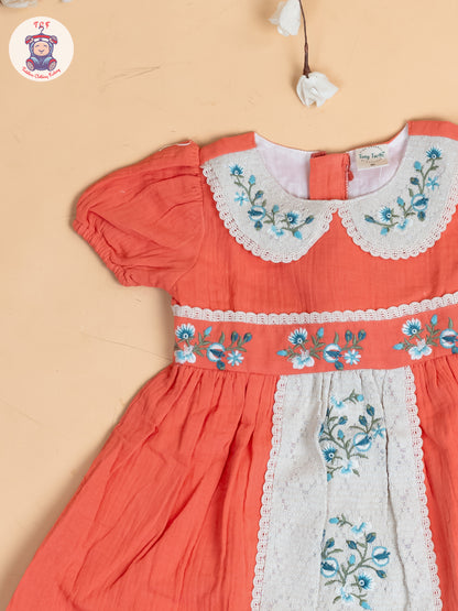 Rust - Girls Wrinkled Cotton Embroidered Frocks