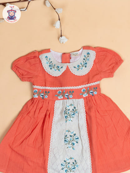 Rust - Girls Wrinkled Cotton Embroidered Frocks