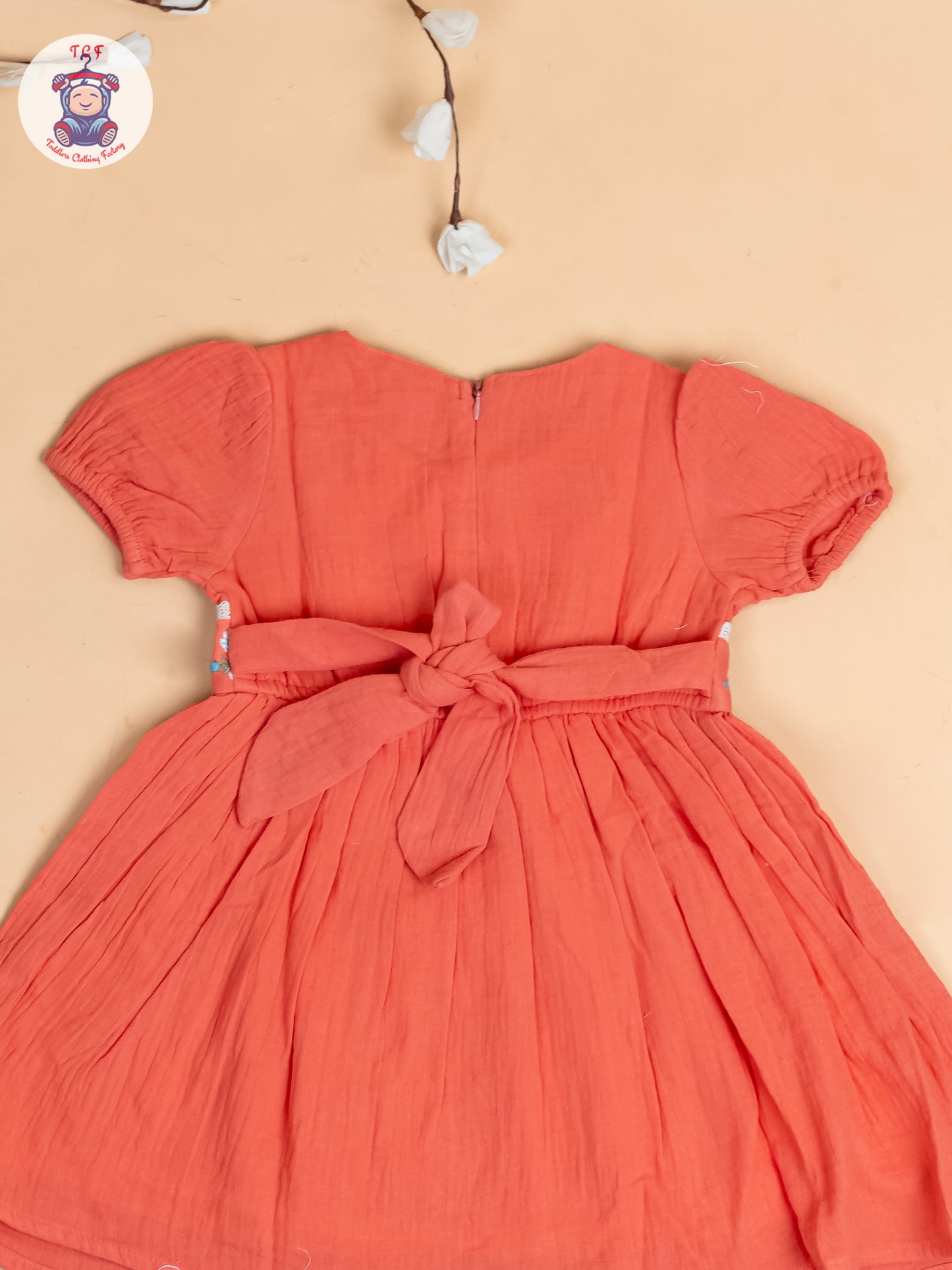 Rust - Girls Wrinkled Cotton Embroidered Frocks