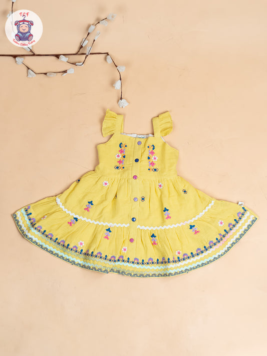 Lemon Yellow - Girls Wrinkled Cotton Embroidered Frocks