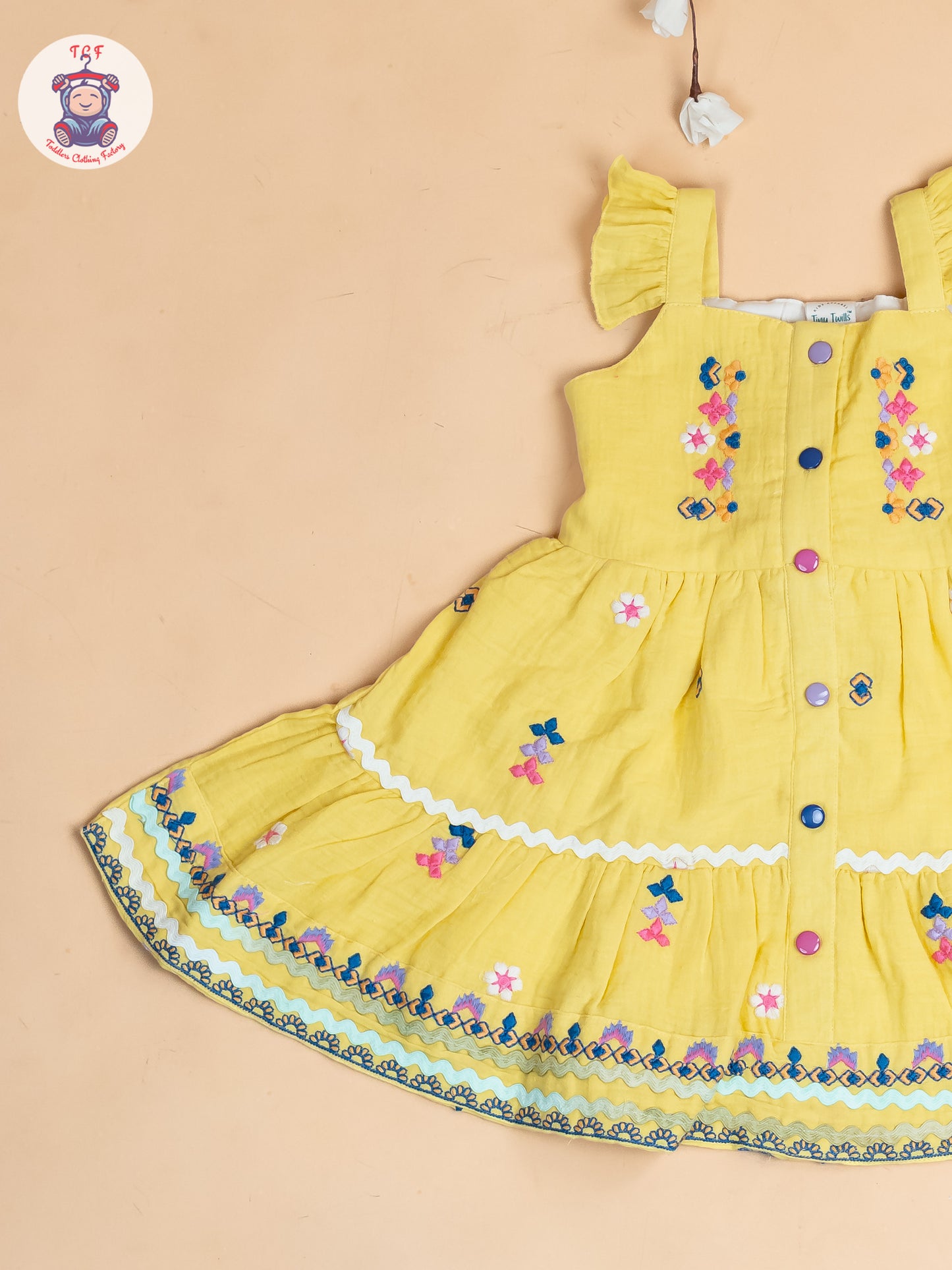 Lemon Yellow - Girls Wrinkled Cotton Embroidered Frocks