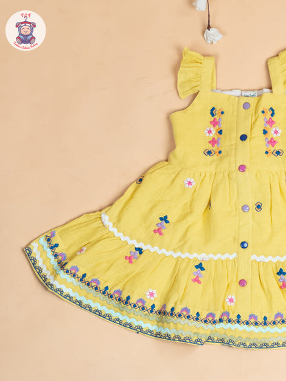 Lemon Yellow - Girls Wrinkled Cotton Embroidered Frocks