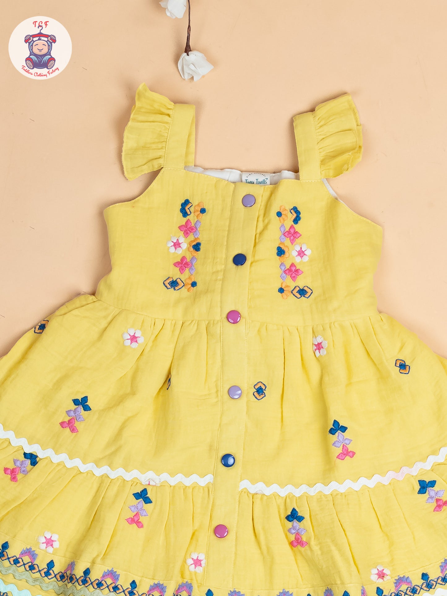 Lemon Yellow - Girls Wrinkled Cotton Embroidered Frocks