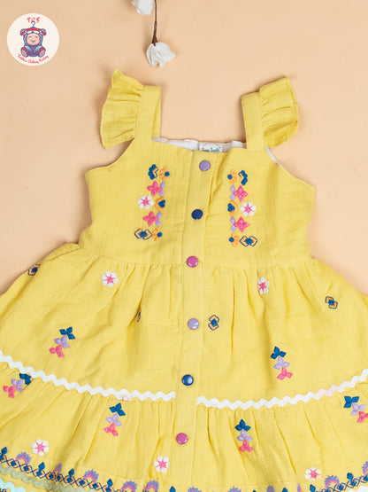 Lemon Yellow - Girls Wrinkled Cotton Embroidered Frocks