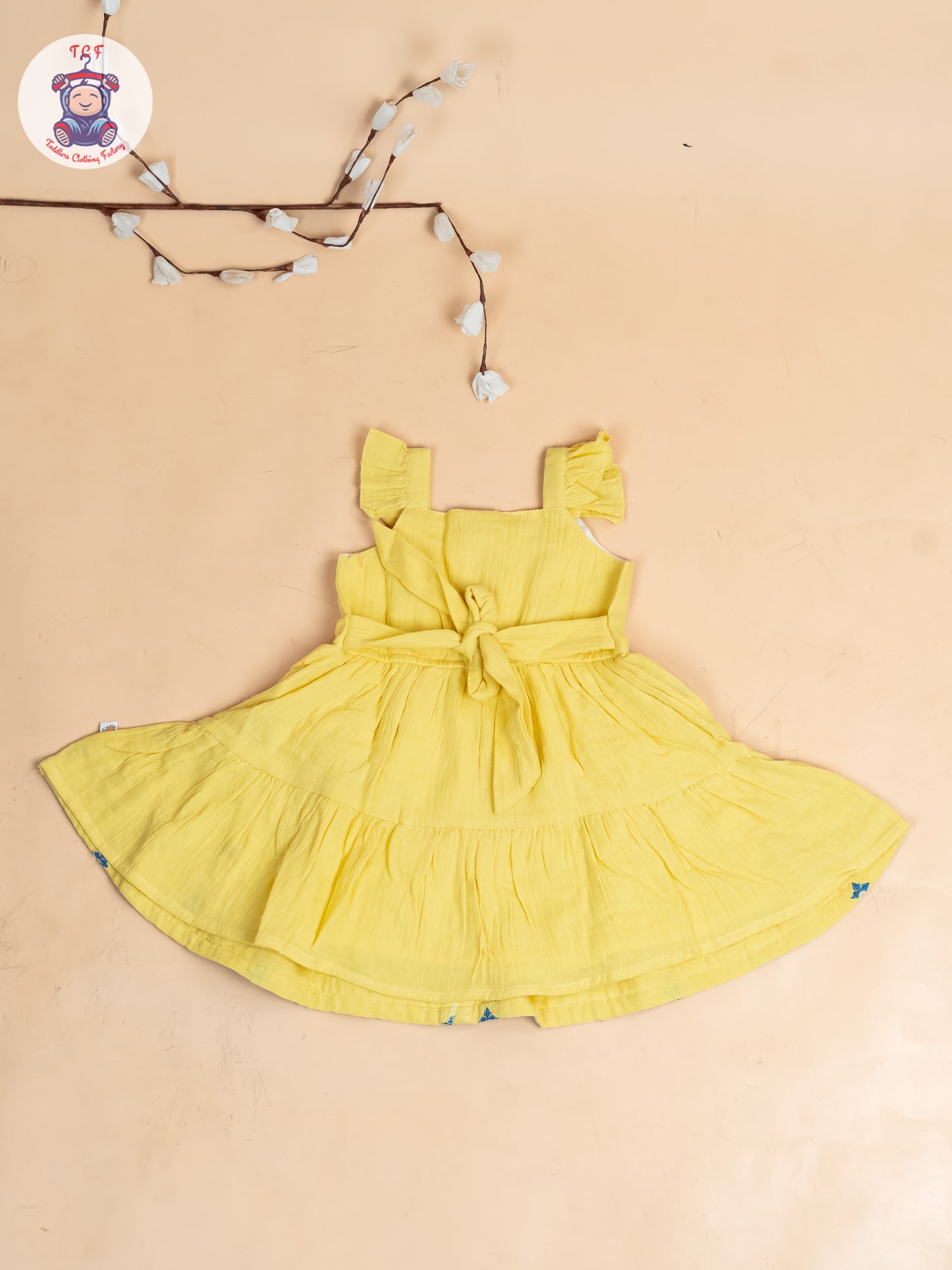 Lemon Yellow - Girls Wrinkled Cotton Embroidered Frocks