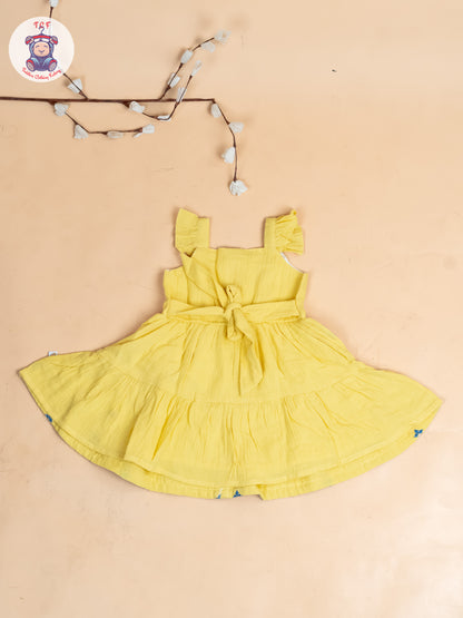 Lemon Yellow - Girls Wrinkled Cotton Embroidered Frocks