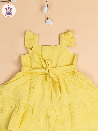 Lemon Yellow - Girls Wrinkled Cotton Embroidered Frocks