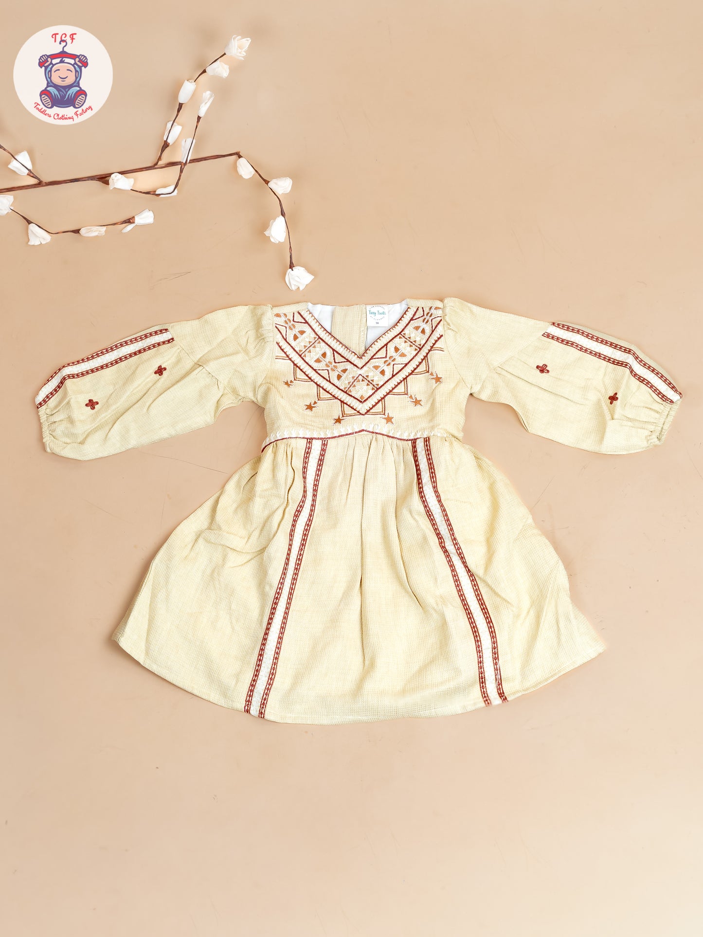 Cream & Brown - Girls Cotton Embroidered Frocks