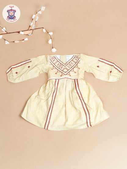 Cream & Brown - Girls Cotton Embroidered Frocks