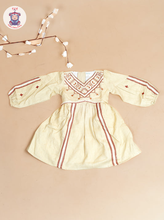 Cream & Brown - Girls Cotton Embroidered Frocks