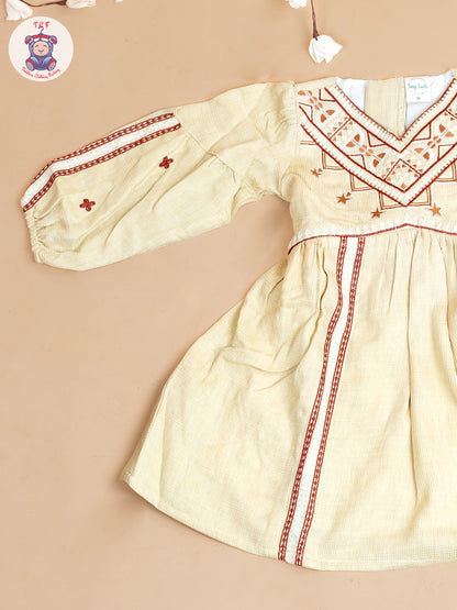 Cream & Brown - Girls Cotton Embroidered Frocks