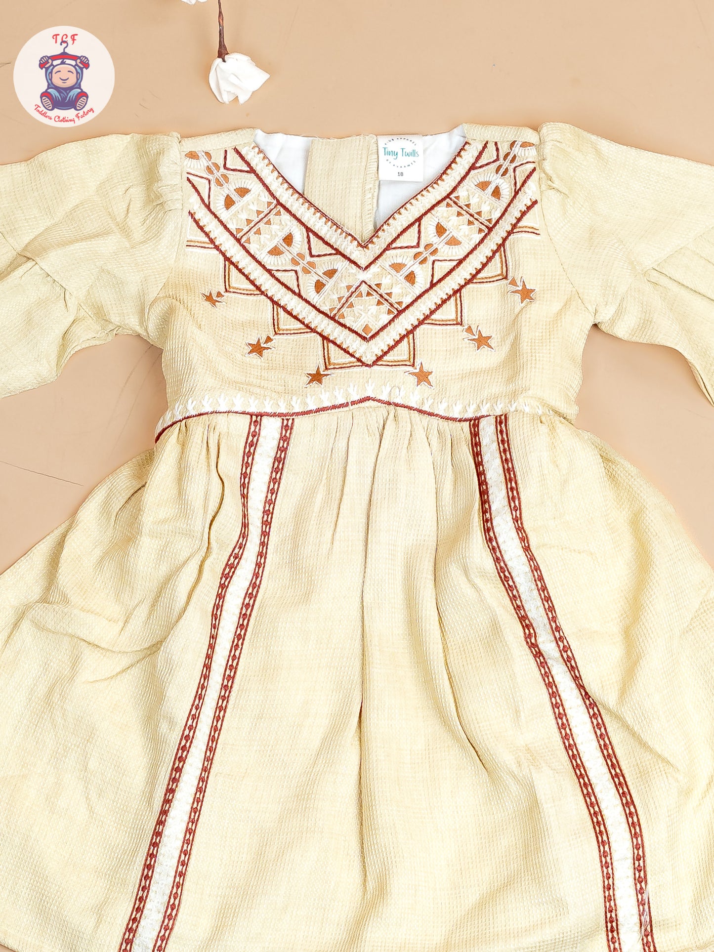 Cream & Brown - Girls Cotton Embroidered Frocks