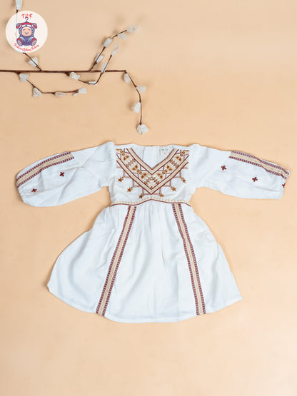 White & Brown - Girls Cotton Embroidered Frocks