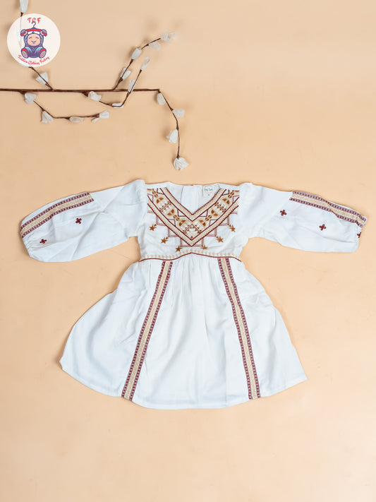 White & Brown - Girls Cotton Embroidered Frocks