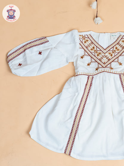White & Brown - Girls Cotton Embroidered Frocks