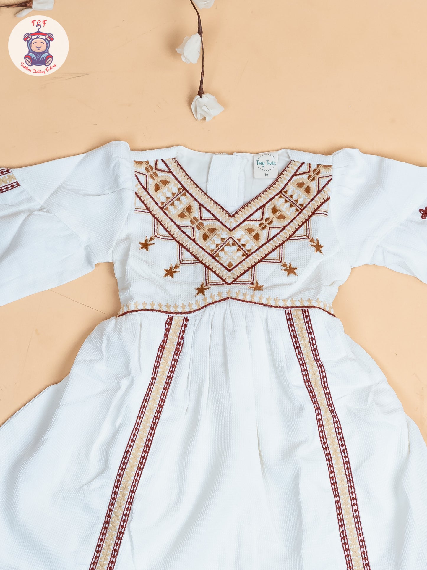 White & Brown - Girls Cotton Embroidered Frocks
