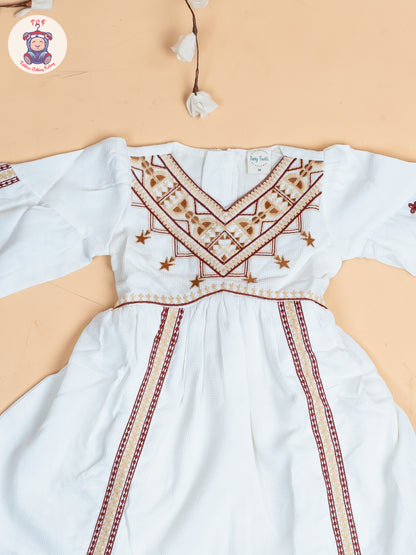 White & Brown - Girls Cotton Embroidered Frocks