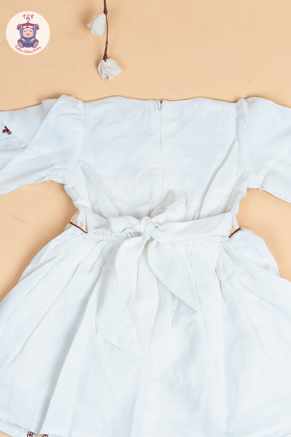 White & Brown - Girls Cotton Embroidered Frocks