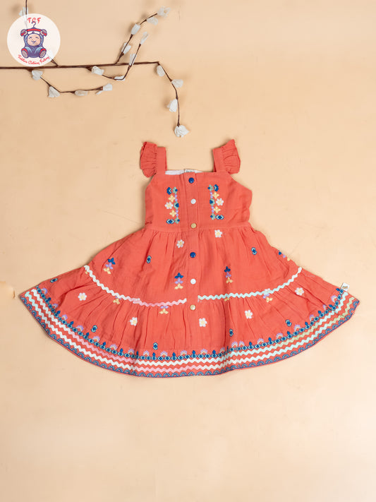 Peach - Girls Wrinkled Cotton Embroidered Frocks