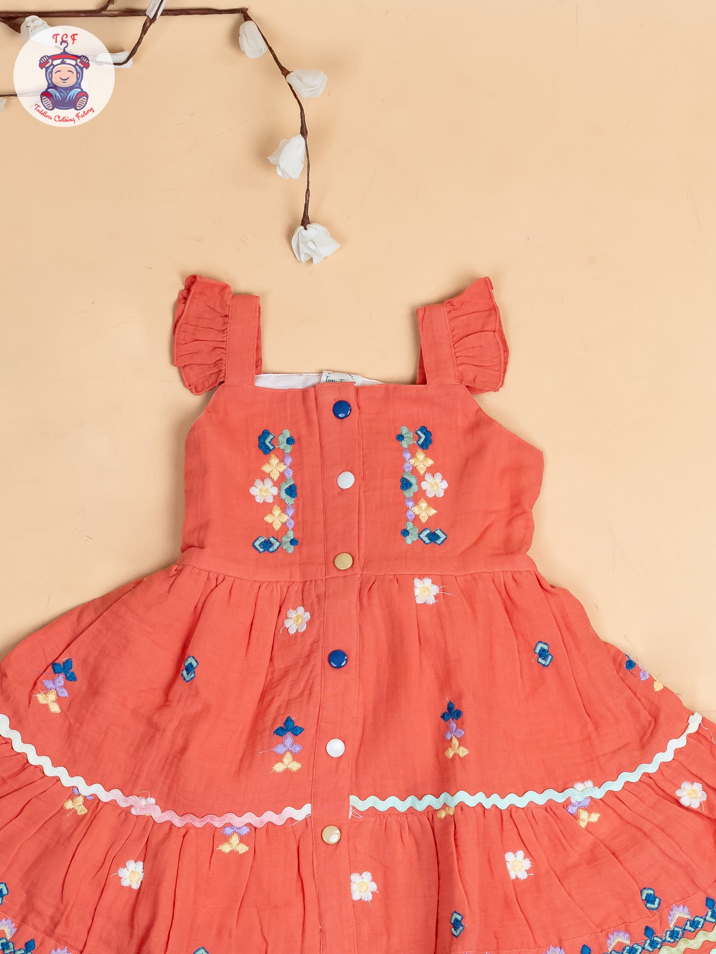 Peach - Girls Wrinkled Cotton Embroidered Frocks