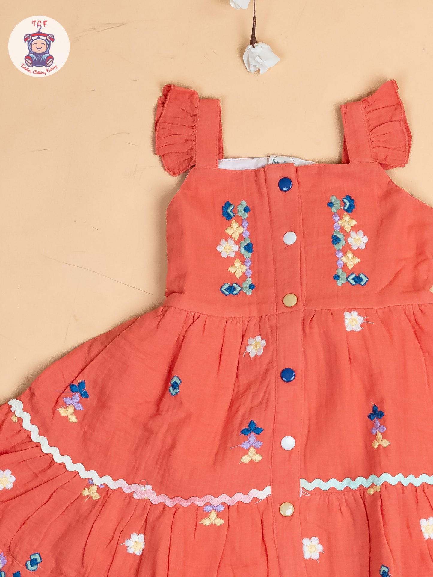 Peach - Girls Wrinkled Cotton Embroidered Frocks
