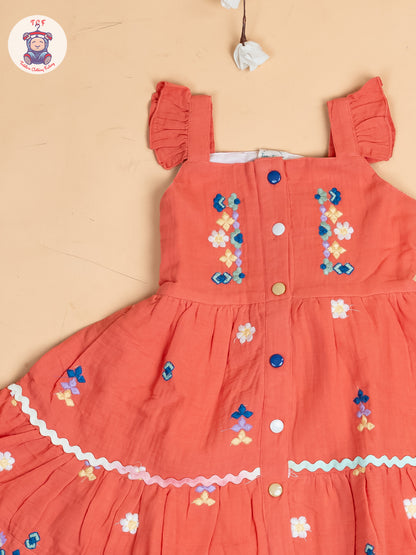 Peach - Girls Wrinkled Cotton Embroidered Frocks