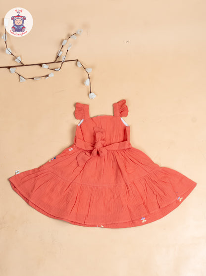 Peach - Girls Wrinkled Cotton Embroidered Frocks