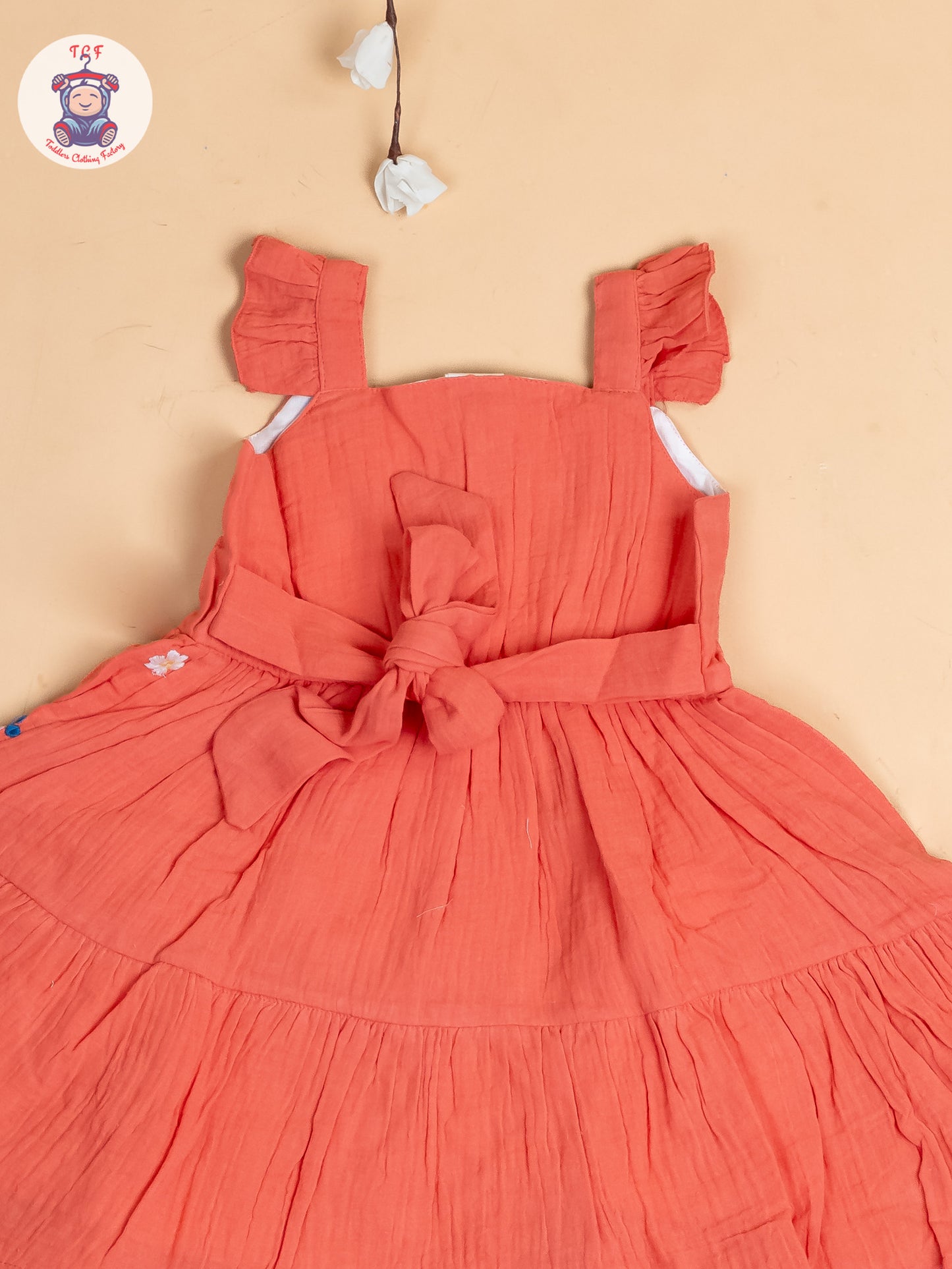 Peach - Girls Wrinkled Cotton Embroidered Frocks